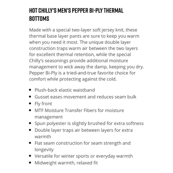 Hot Chilly’s Men’s Pepper Bi-Ply Thermal Bottoms - Picture 2 of 3